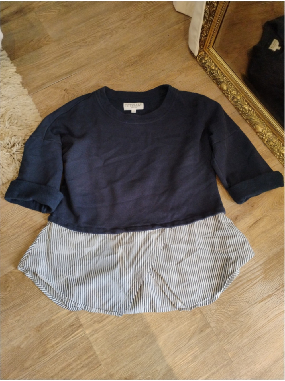 Women's Derek Lam 10 Crosby Sweatshirt Size L Navy White Striped Hem